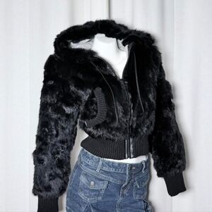 Real Rabbit Fur Cropped Hooded Jacket Black Luxe Bomber Y2K Glam